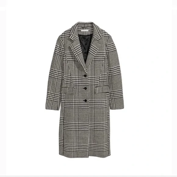 H&M Coat Long Classic & Chic Wool Black White Houndstooth NWOT Sz 2 XS S - Picture 2 of 11